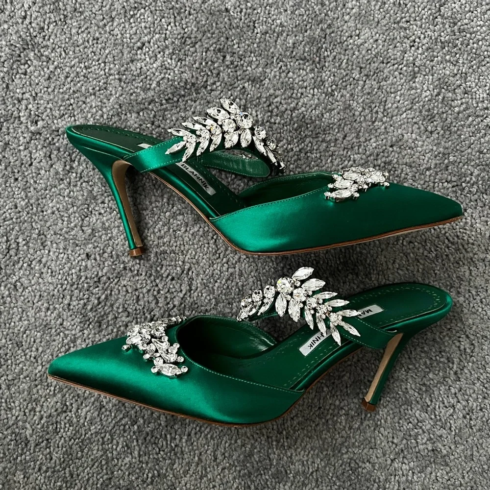 Manolo Blahnik Lurum | Green Satin Crystal Embellished Mules - Picture 2 of 6